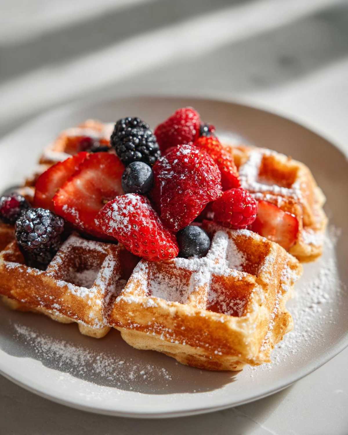Two high protein waffles cottage cheese, topped with fresh strawberries, raspberries, blueberries, and blackberries, dusted with powdered sugar.
