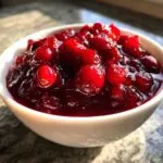 Close-up of delicious homemade cranberry sauce in a white bowl, featuring whole and broken cranberries.