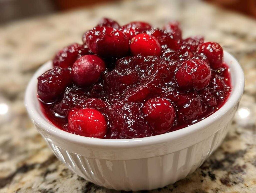 A white bowl filled with glistening homemade cranberry sauce, topped with whole cranberries.