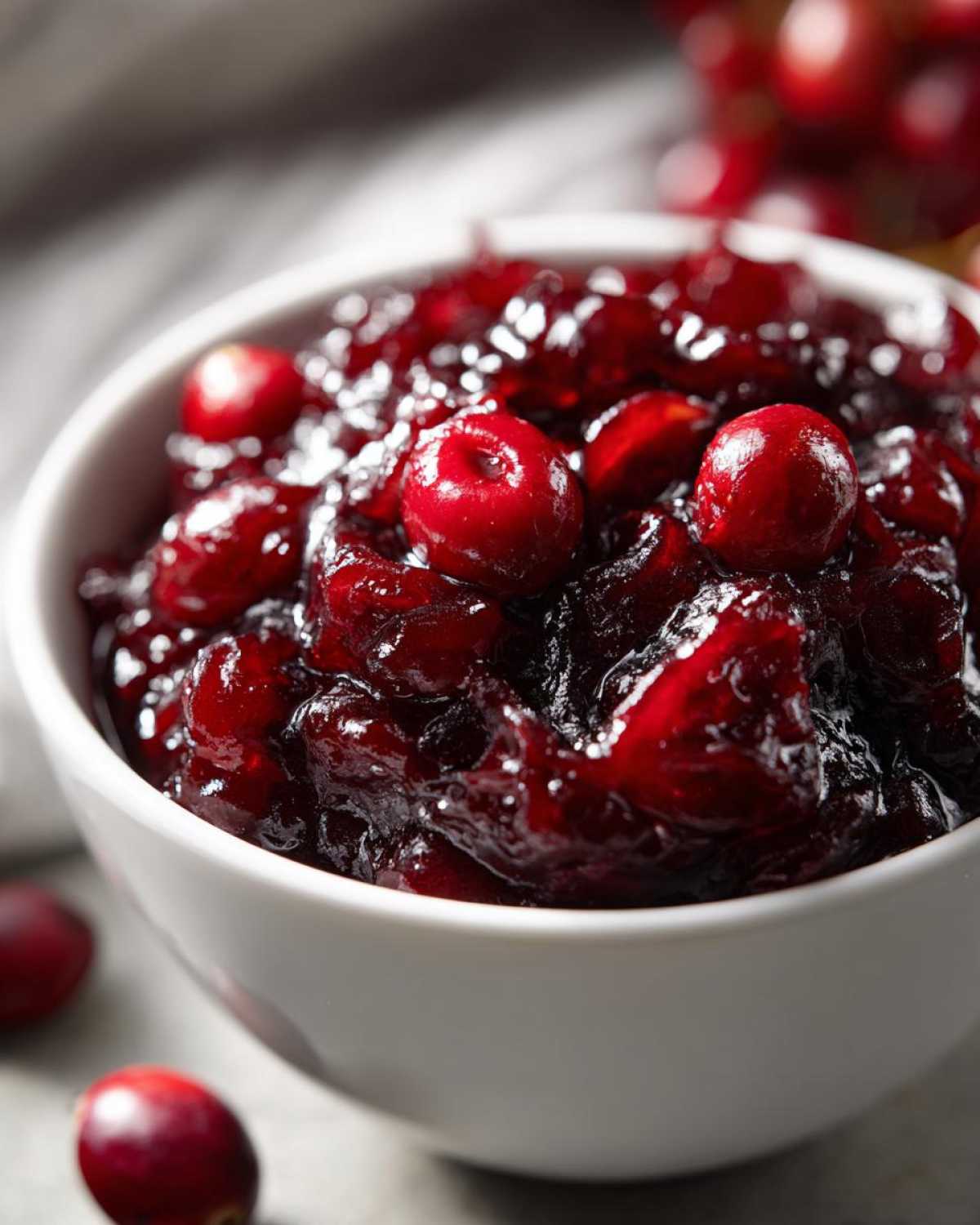 Close-up of a white bowl filled with glistening homemade cranberry sauce, with fresh cranberries scattered around.