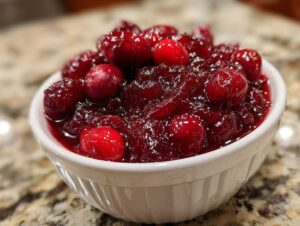 A white bowl filled with glistening homemade cranberry sauce, topped with whole cranberries.