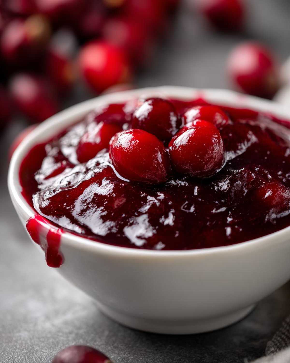 Close-up of a white bowl filled with glistening homemade cranberry sauce, topped with whole cranberries.