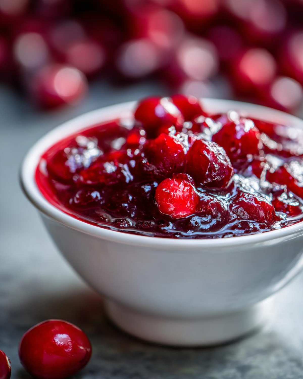 Close-up of delicious homemade cranberry sauce in a white bowl, with whole cranberries visible.