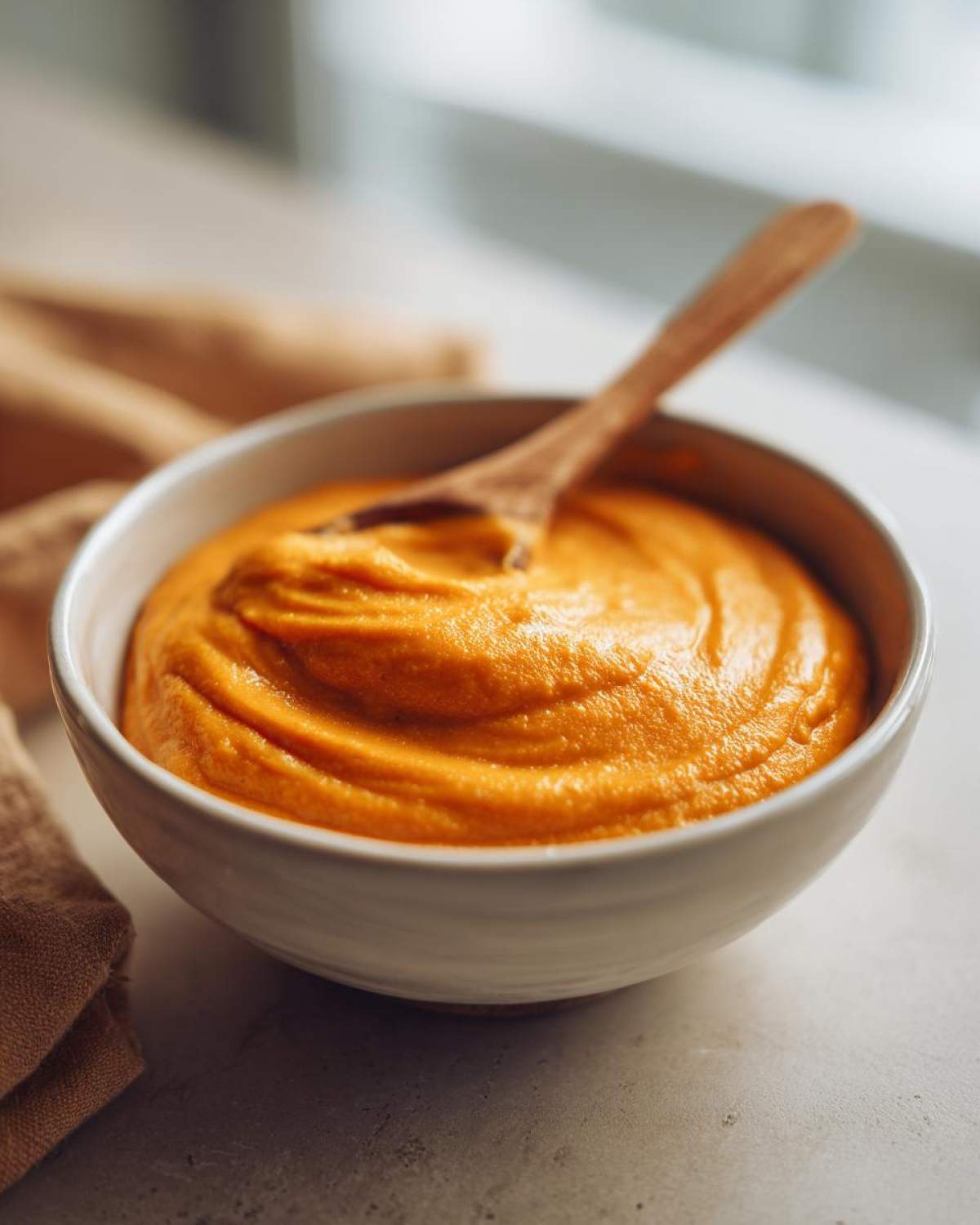 A close-up of a bowl filled with smooth, velvety pumpkin puree, with a wooden spoon resting in it.
