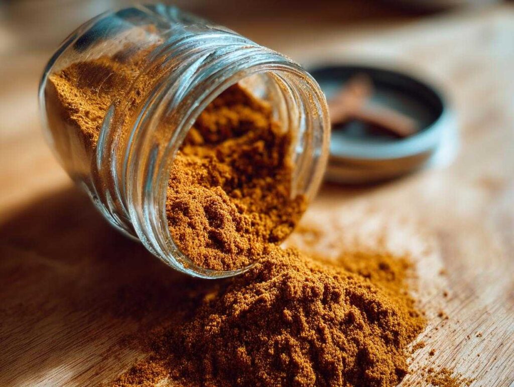 Jar of homemade pumpkin spice blend spilling onto a wooden surface. The perfect autumn spice mix.