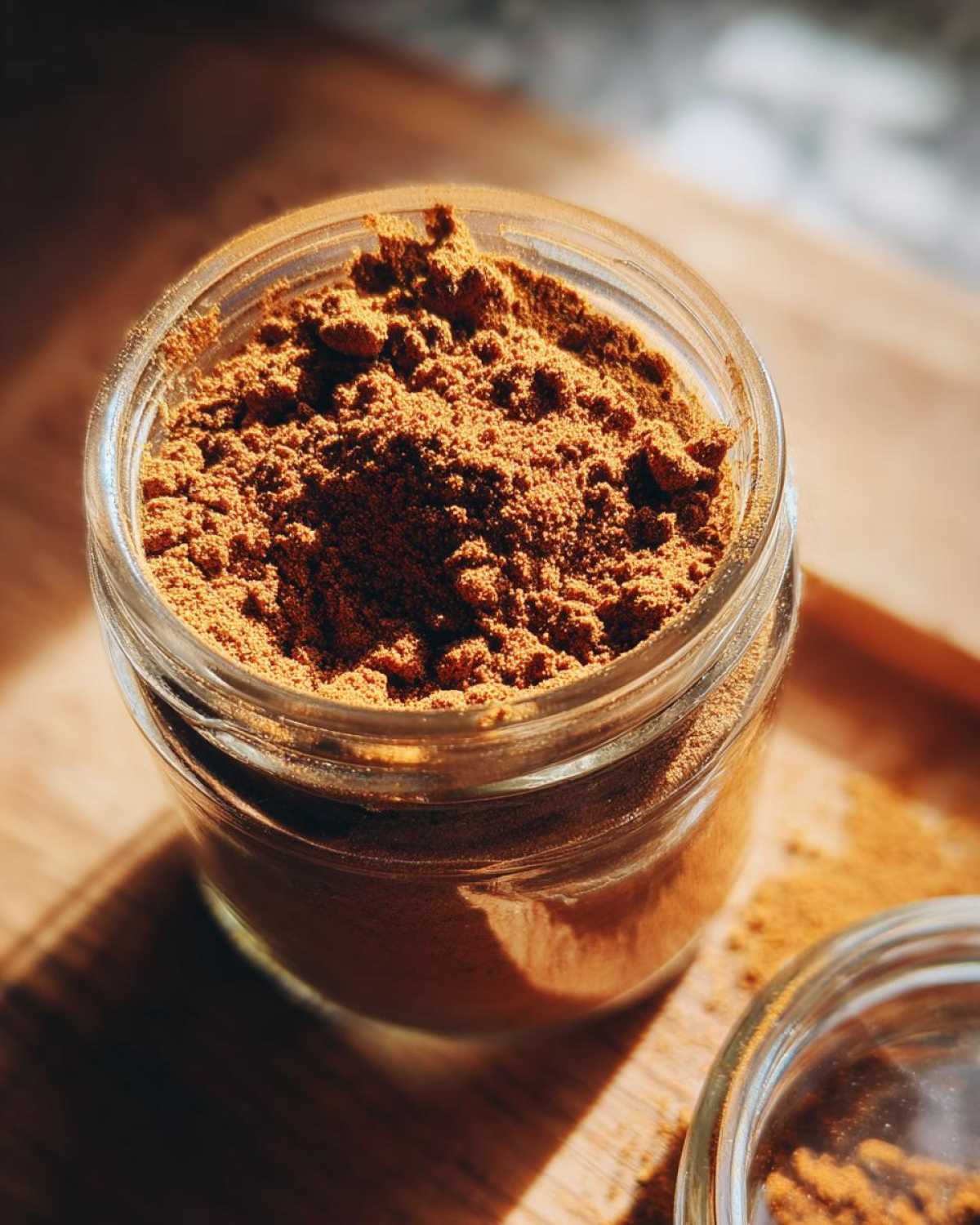 Overhead shot of a glass jar filled with homemade pumpkin spice blend on a wooden surface.