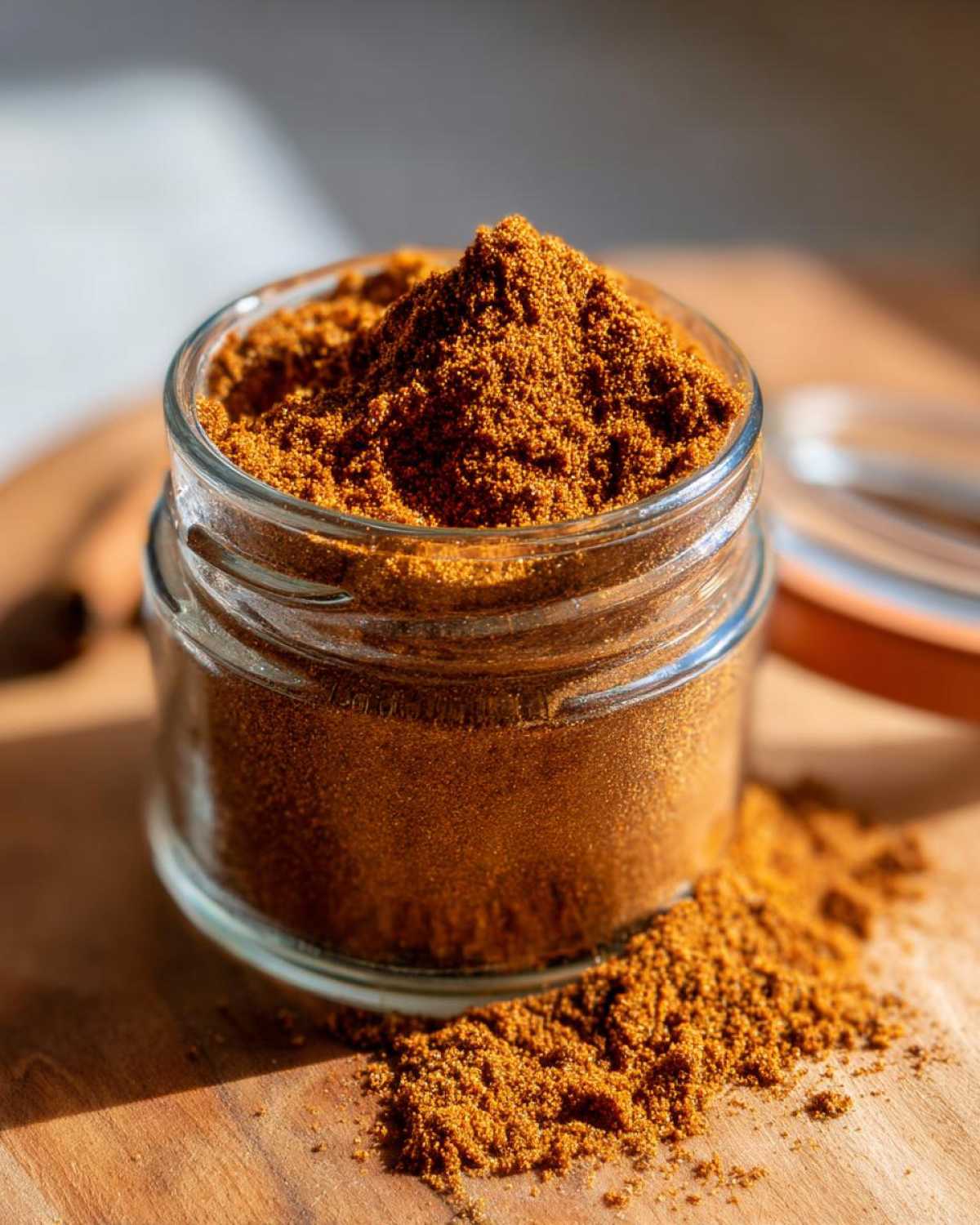 A jar filled with homemade pumpkin spice blend, with some spice spilled on the wooden surface.