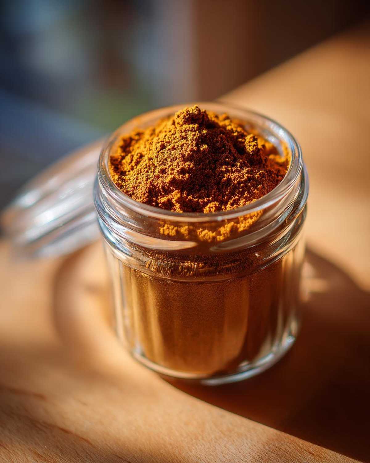 Close-up of homemade pumpkin spice blend in a glass jar, showing the texture and color of the spice mix.