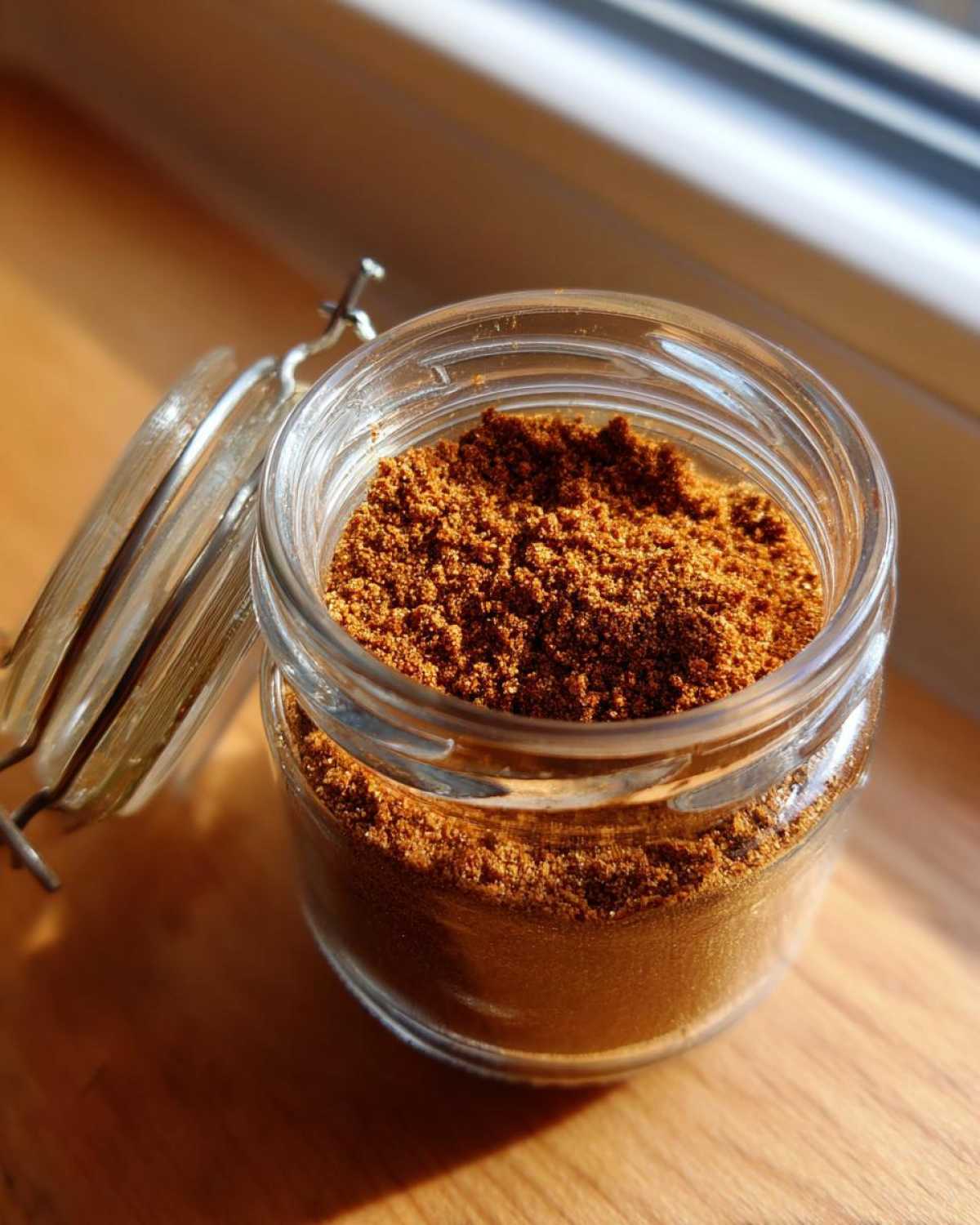 A jar of homemade pumpkin spice blend, showcasing its rich color and texture.