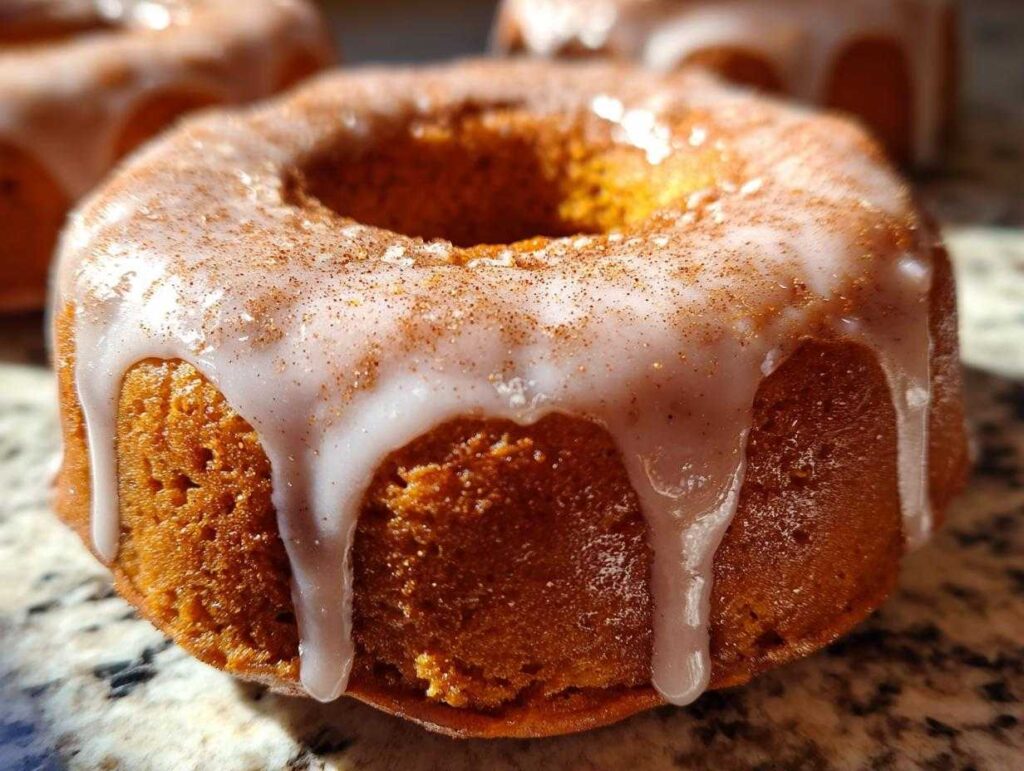 Close-up of a glazed pumpkin donut with a sprinkle of spice. Delicious pumpkin donuts recipe.