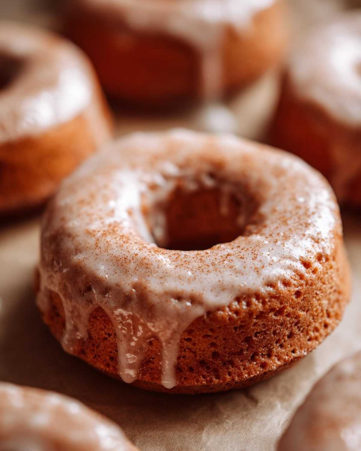 Close-up of glazed pumpkin donuts, showcasing the icing and spiced donut texture.
