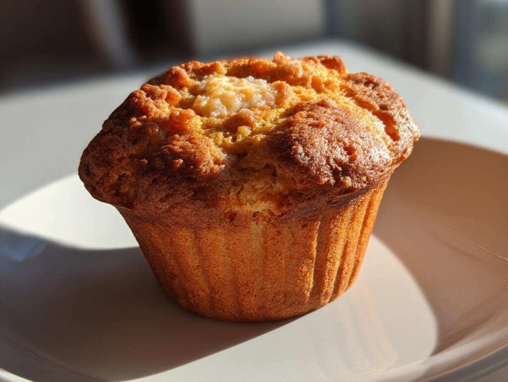 A single keto pumpkin muffin sits on a white plate, showcasing its golden-brown color and textured top.