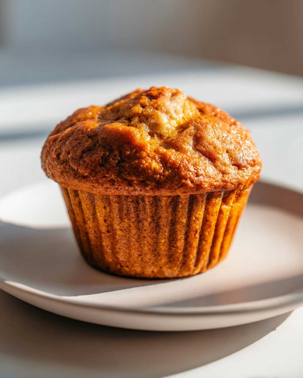 A single keto pumpkin muffin sits on a plate, showcasing its golden-brown color and texture.