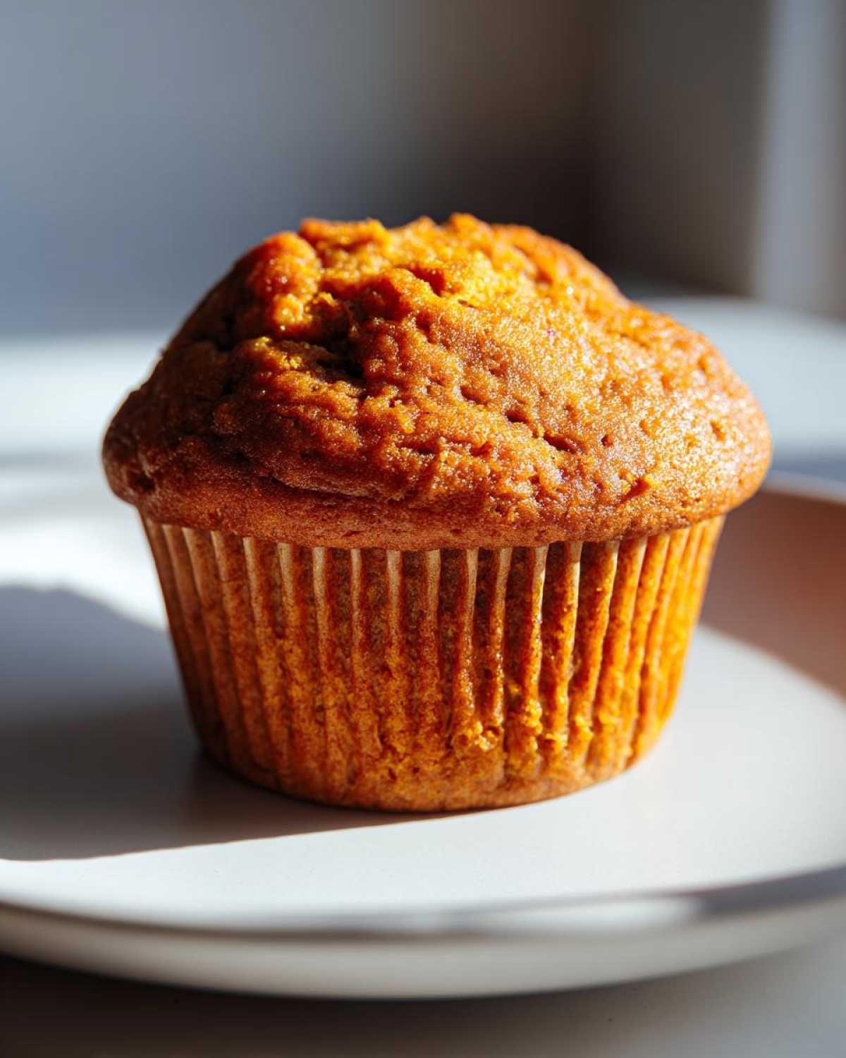 A single keto pumpkin muffin on a plate, showcasing its golden-brown color and textured top.