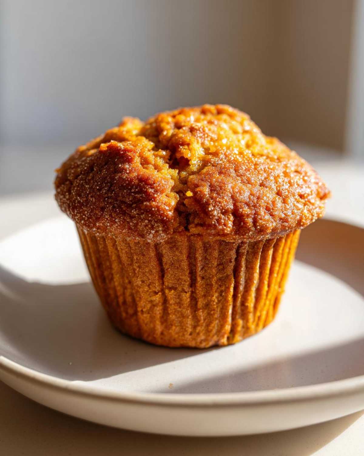 A single keto pumpkin muffin on a white plate, showcasing its texture and golden-brown color.