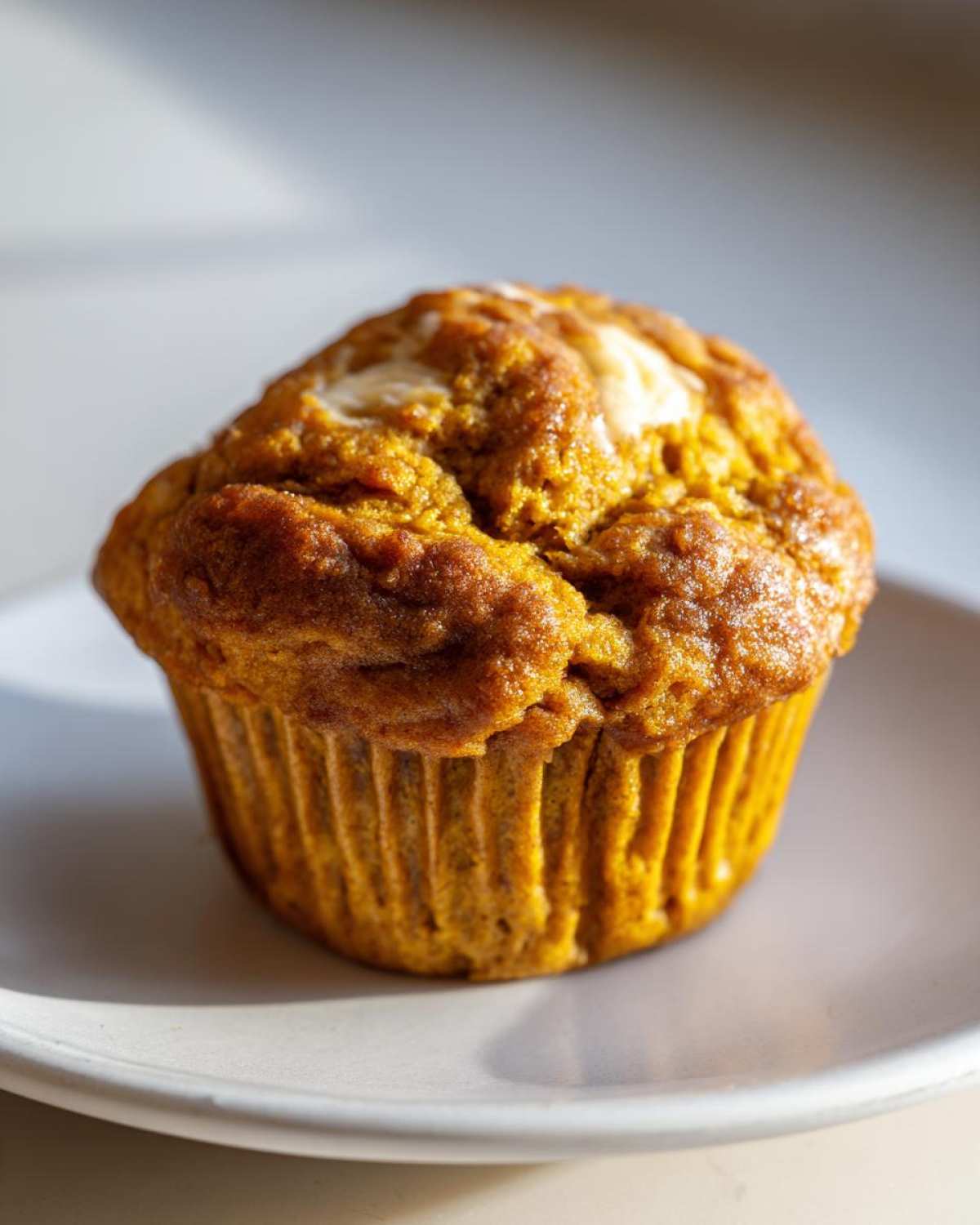 A single keto pumpkin muffin on a white plate, showcasing its texture and color.