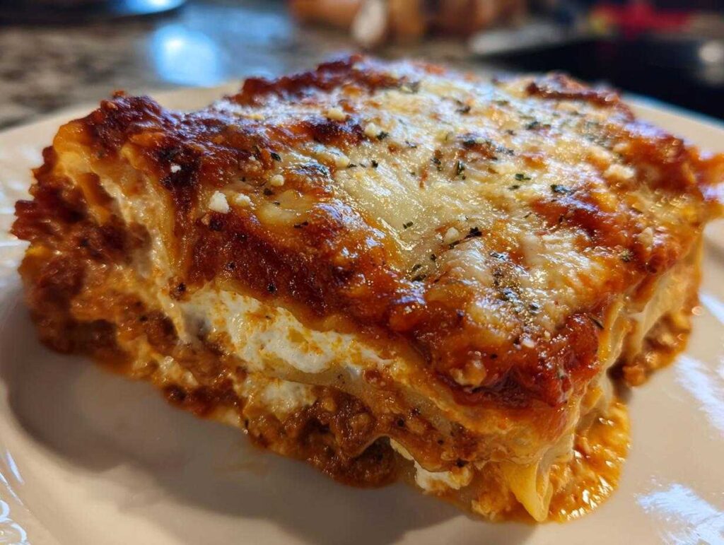 A slice of lasagna with cottage cheese and ricotta, topped with melted cheese and herbs.