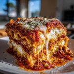A delicious slice of lasagna with cottage cheese and ricotta, featuring layers of pasta, sauce, and melted cheese.