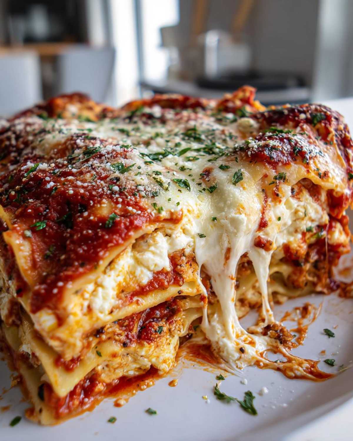 A delicious slice of lasagna with cottage cheese and ricotta, featuring layers of pasta, sauce, and melted cheese.