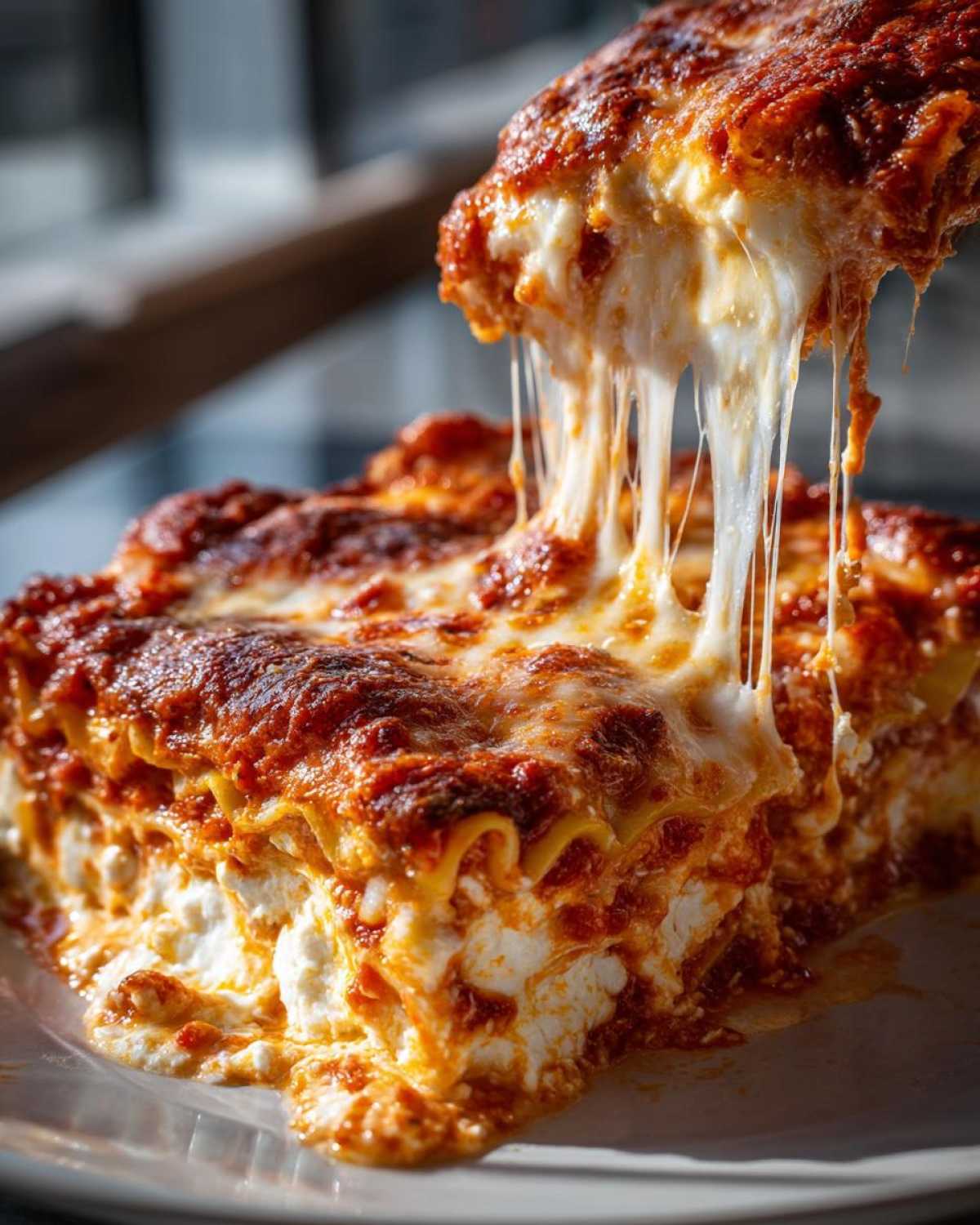 A slice of creamy lasagna with cottage cheese and ricotta, featuring layers of pasta, sauce, and melted cheese.