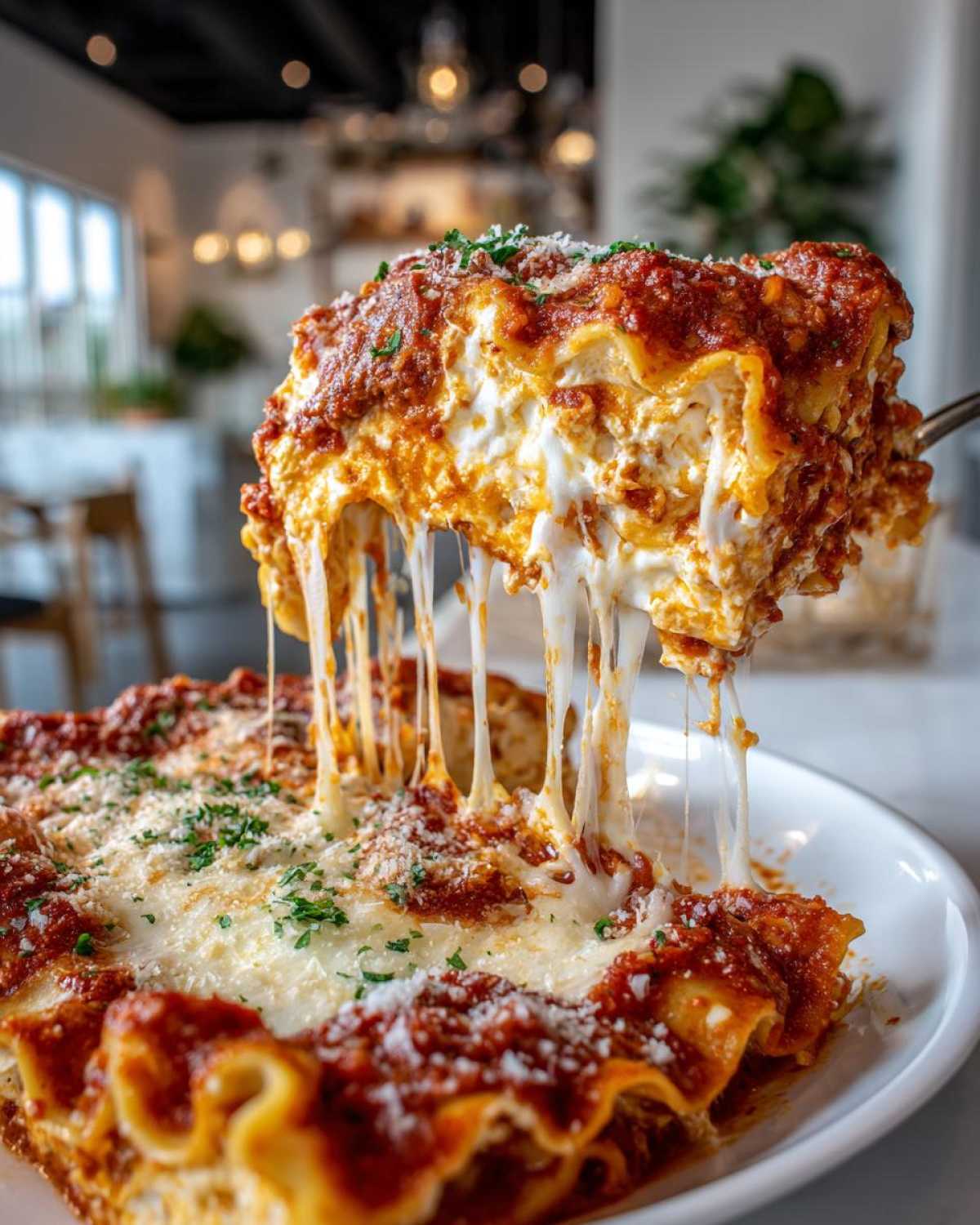 A delicious slice of lasagna with cottage cheese and ricotta, featuring layers of pasta, sauce, and melted cheese.