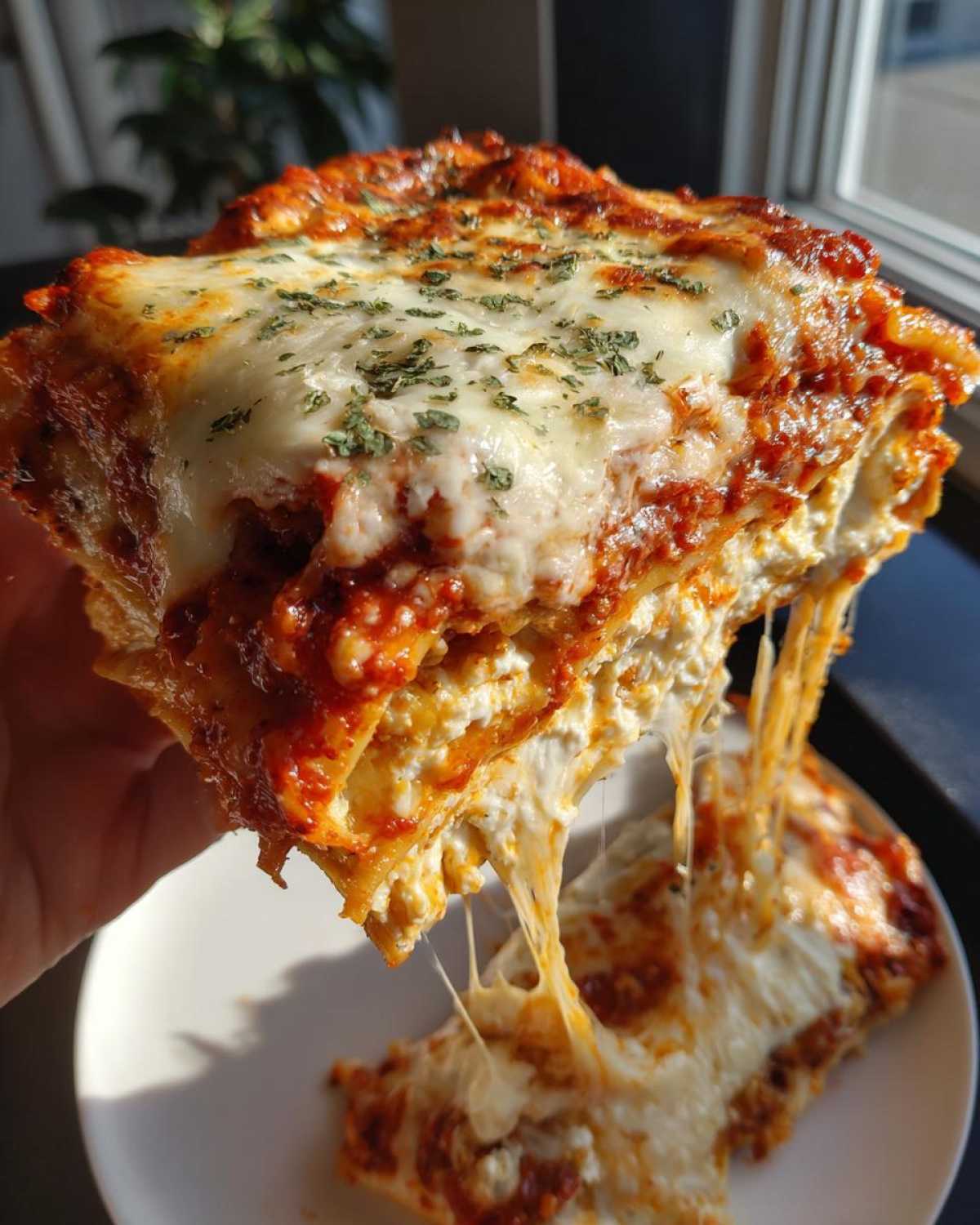 A slice of lasagna with cottage cheese and ricotta filling, with melted cheese pull.