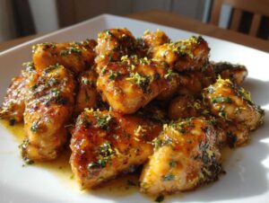 A close-up of glistening lemon butter chicken bites, garnished with fresh parsley and lemon zest.