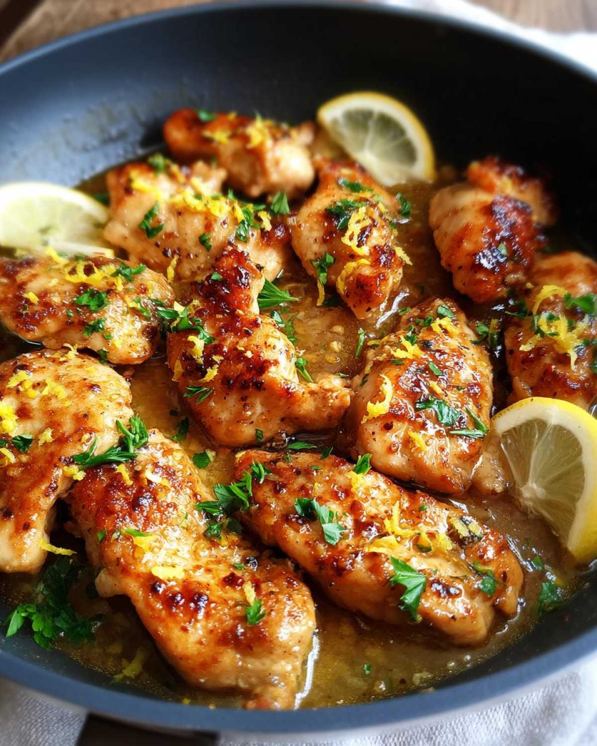 Close-up of tender lemon butter chicken pieces garnished with lemon zest and parsley in a skillet.