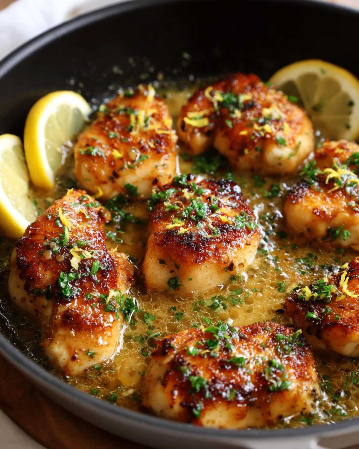 Close-up of pan-seared lemon butter chicken pieces in a skillet with lemon slices and fresh parsley.