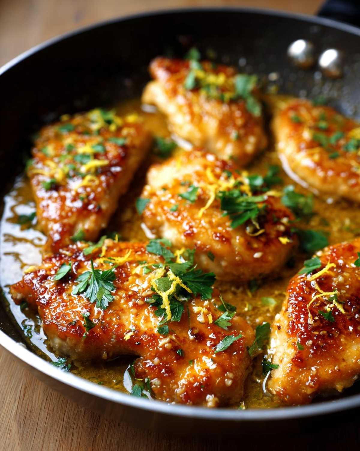 Close-up of pan-seared lemon butter chicken breasts glistening in a buttery sauce, garnished with fresh parsley and lemon zest.