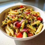 A vibrant lemon pasta salad with penne, tomatoes, cucumber, and red onion in a white bowl.