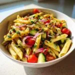 A vibrant lemon pasta salad with penne, tomatoes, cucumber, and red onion in a white bowl.