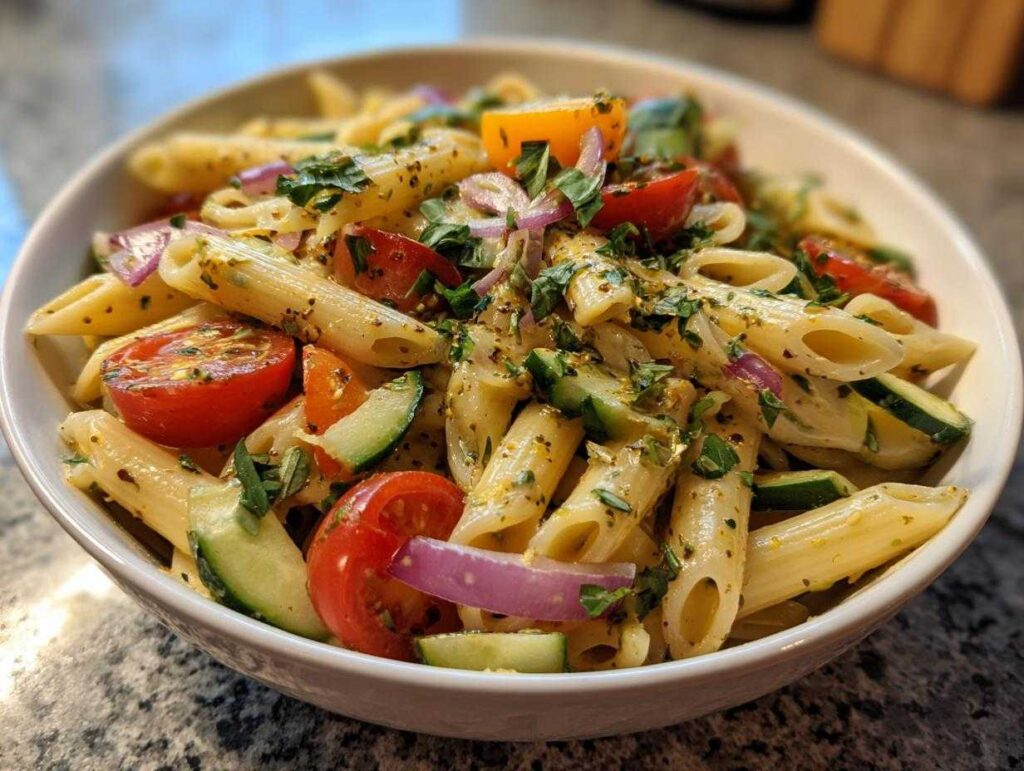 A vibrant lemon pasta salad with penne, tomatoes, cucumber, and red onion in a white bowl.