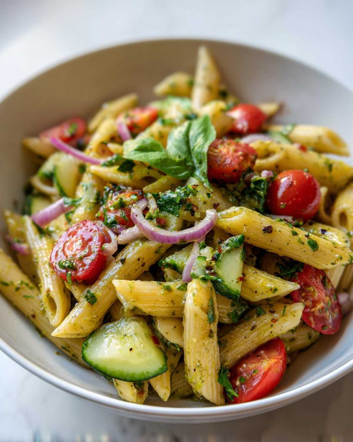 A vibrant bowl of lemon pasta salad with penne pasta, tomatoes, cucumber, and red onion.