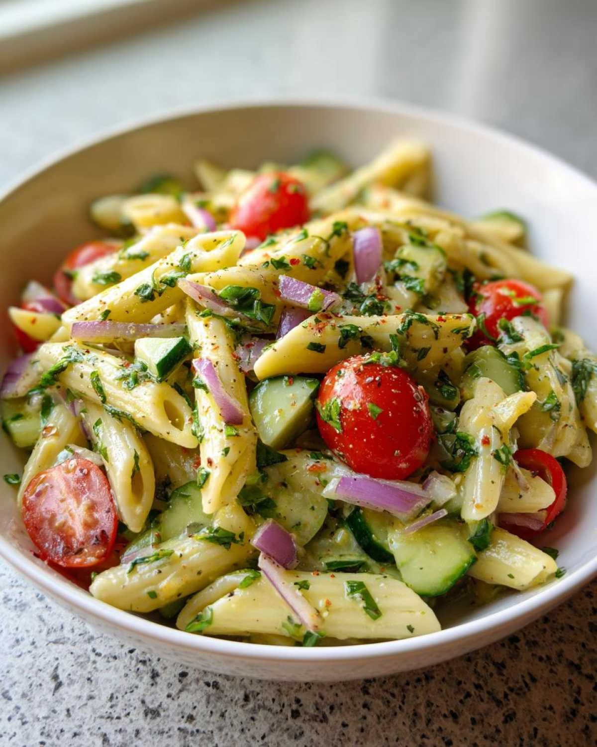 Bowl of lemon pasta salad with penne, tomatoes, cucumber, and red onion, tossed with fresh herbs.