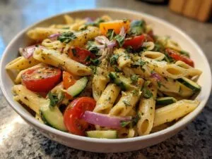 A vibrant lemon pasta salad with penne, tomatoes, cucumber, and red onion in a white bowl.