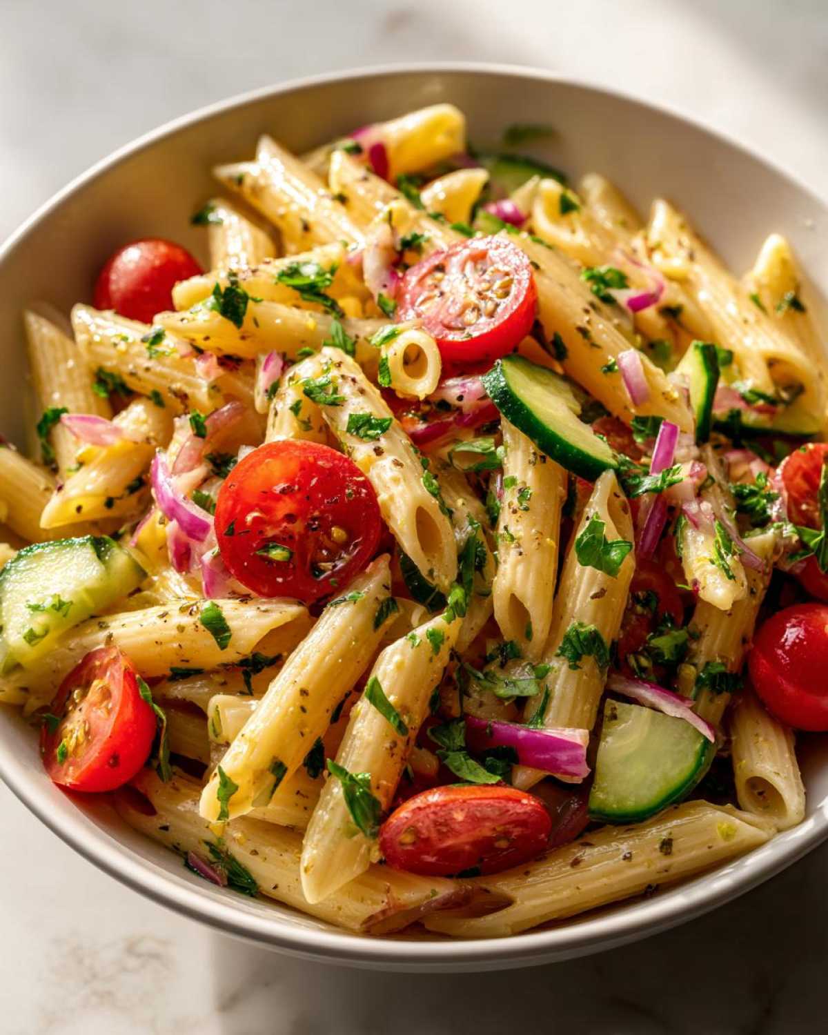 Bowl of lemon pasta salad with penne pasta, tomatoes, cucumber, red onion, and herbs.