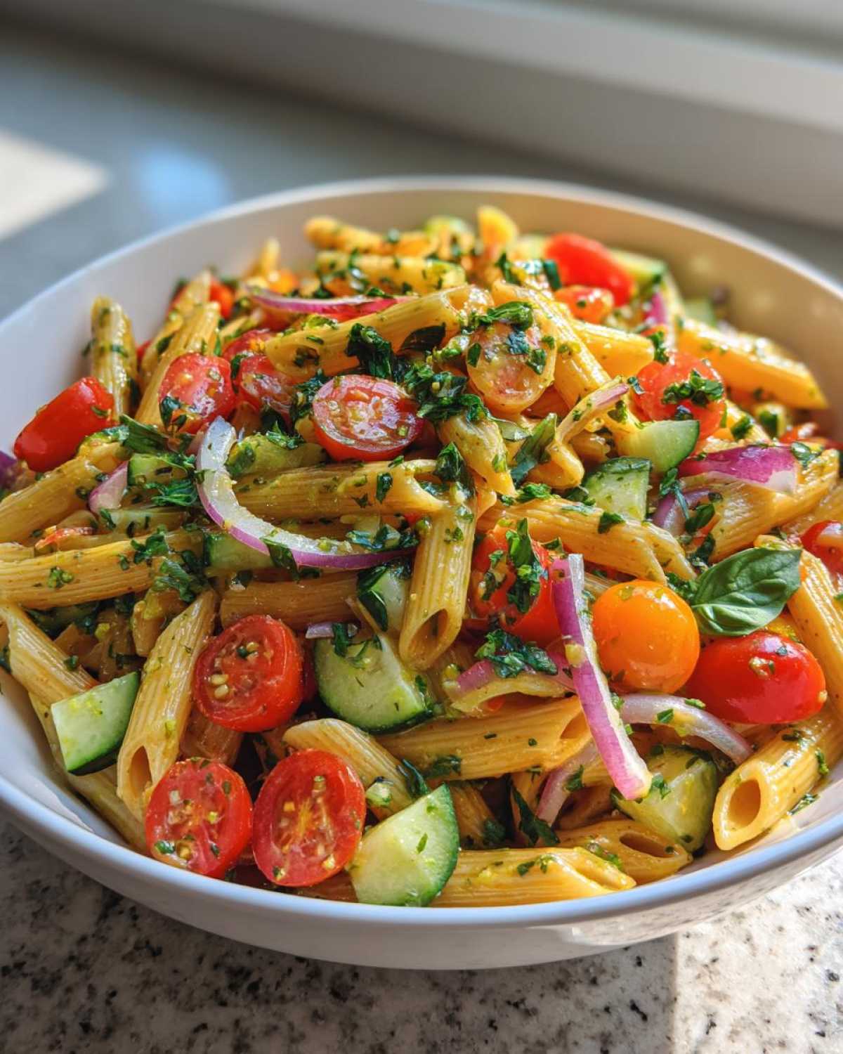 A vibrant bowl of lemon pasta salad with penne pasta, tomatoes, cucumbers, and red onions.