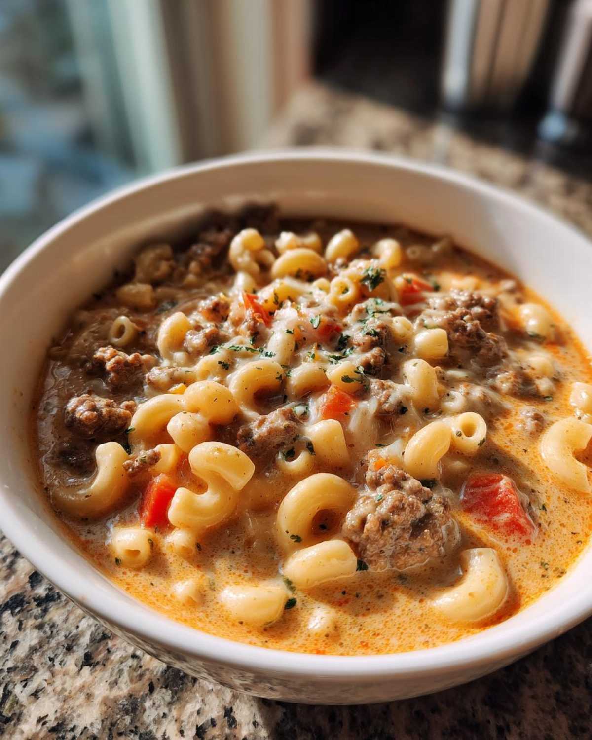 A close-up of a bowl of macaroni cheeseburger soup with elbow macaroni, ground beef, and diced tomatoes.