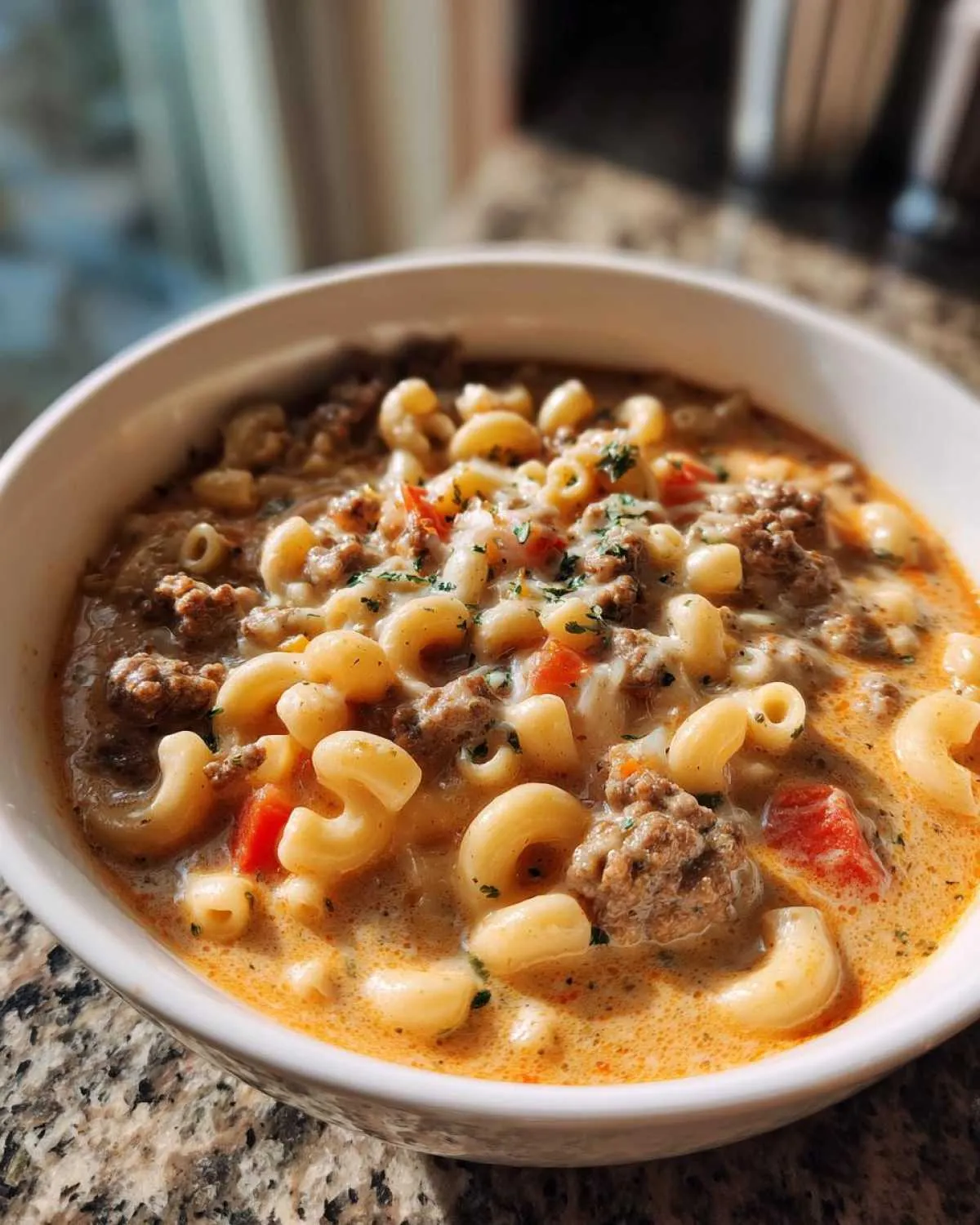 A close-up of a bowl of macaroni cheeseburger soup with elbow macaroni, ground beef, and diced tomatoes.