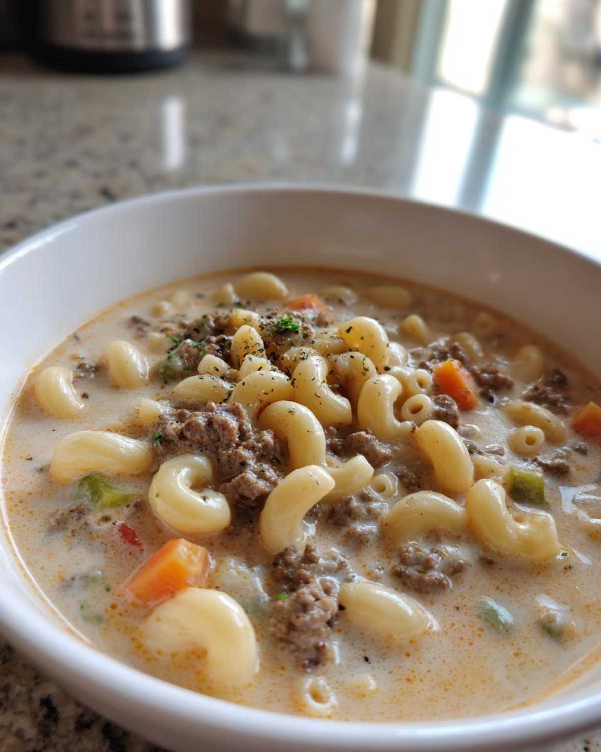 A close-up view of a bowl of delicious macaroni cheeseburger soup, filled with pasta, ground beef, and vegetables.