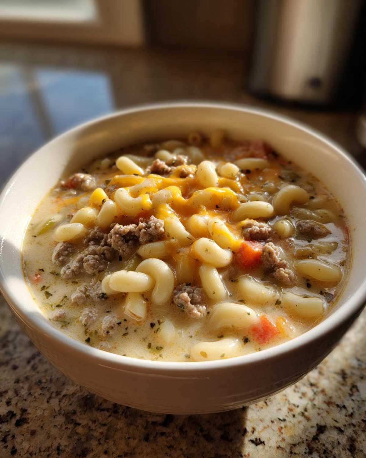 A close-up shot of a bowl of hearty macaroni cheeseburger soup, featuring elbow macaroni, ground beef, and melted cheddar cheese.