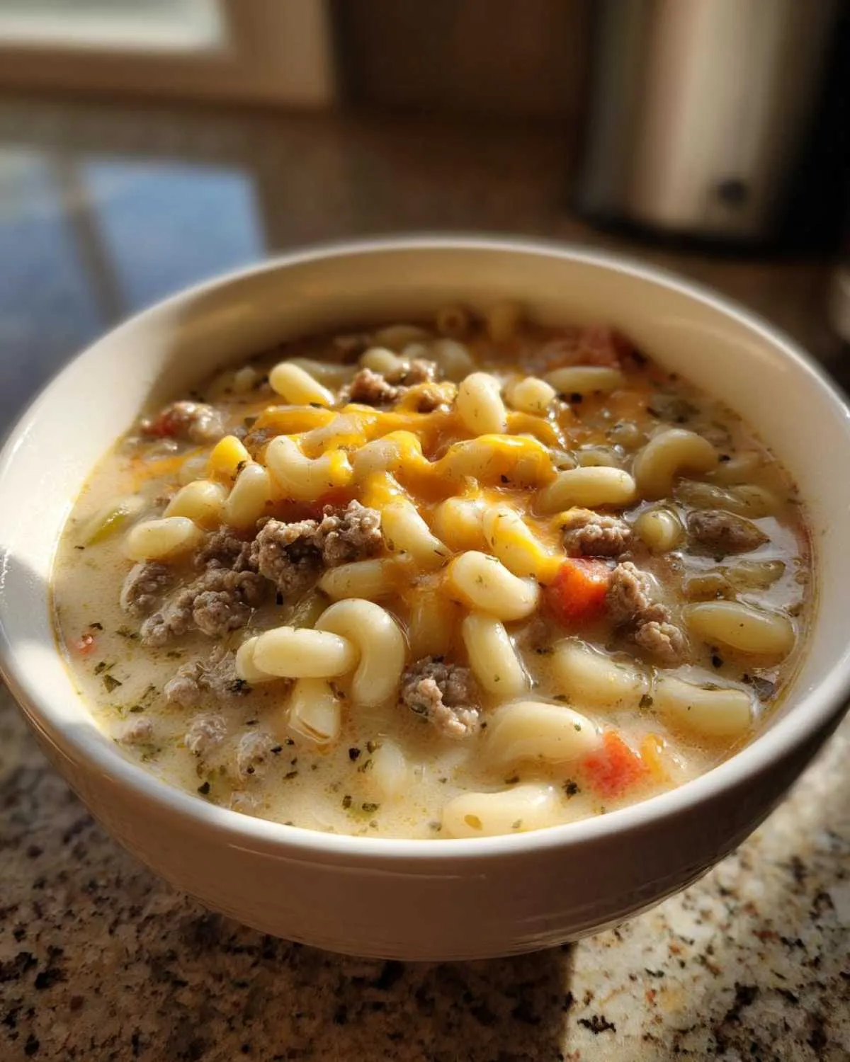 A close-up shot of a bowl of hearty macaroni cheeseburger soup, featuring elbow macaroni, ground beef, and melted cheddar cheese.