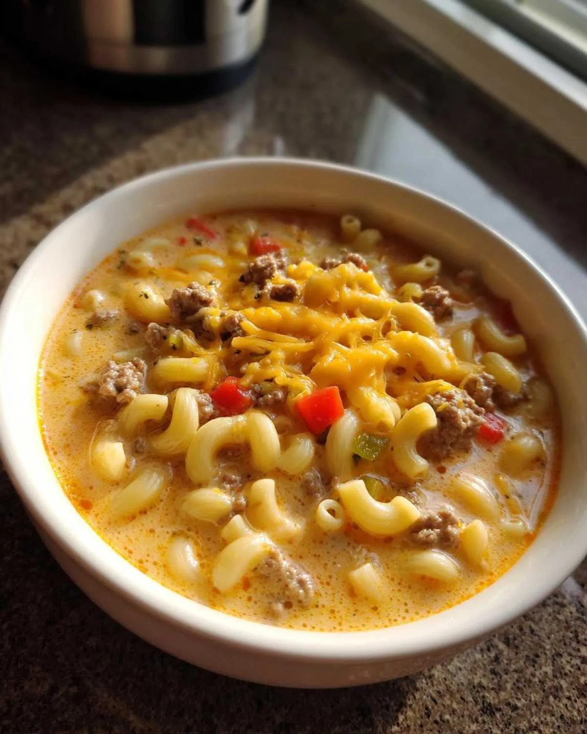 A close-up of a bowl of macaroni cheeseburger soup, featuring elbow macaroni, ground beef, and melted cheddar cheese.