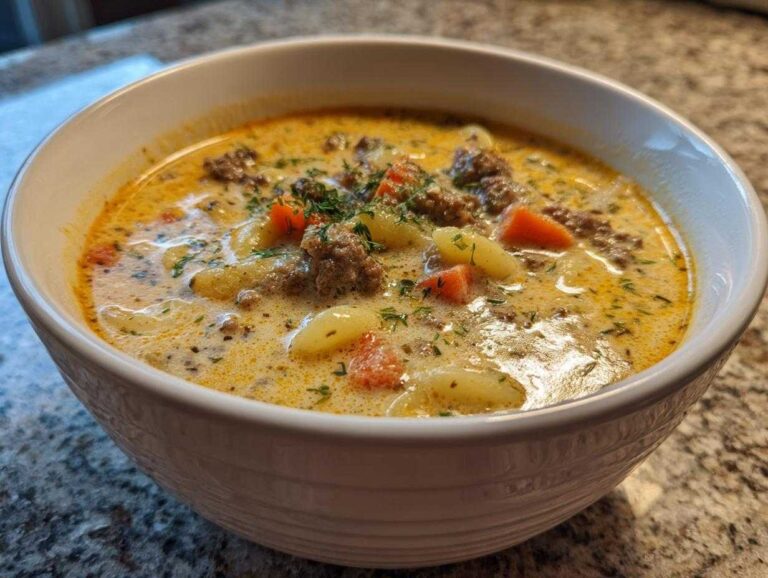 A close-up of a white bowl filled with creamy macaroni cheeseburger soup, featuring ground beef, macaroni, and carrots, garnished with fresh herbs.