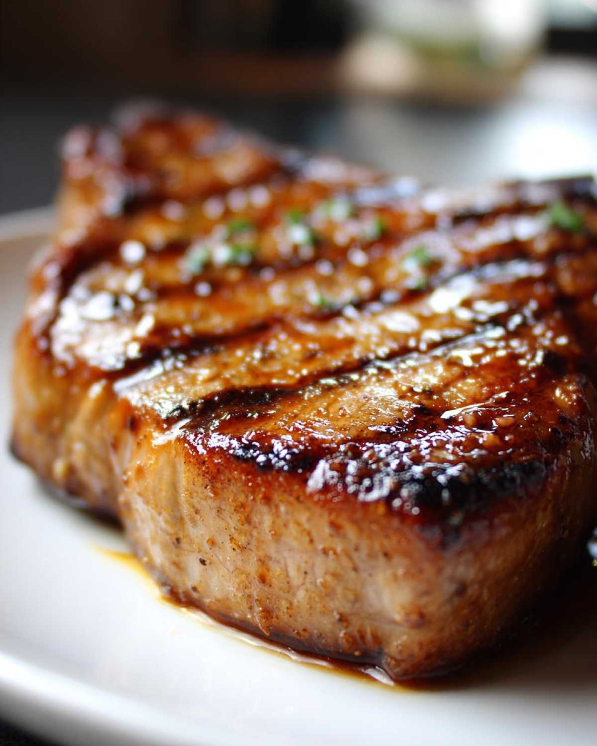 Close-up of a grilled pork chop with a delicious marinade for pork chops, garnished with herbs.