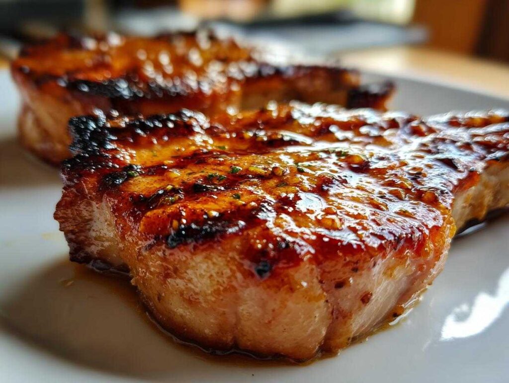 Two juicy pork chops with a glistening marinade, plated and ready to eat. Perfect marinade for pork chops recipe.