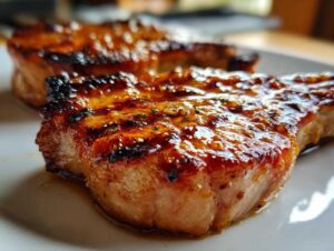 Two juicy pork chops with a glistening marinade, plated and ready to eat. Perfect marinade for pork chops recipe.
