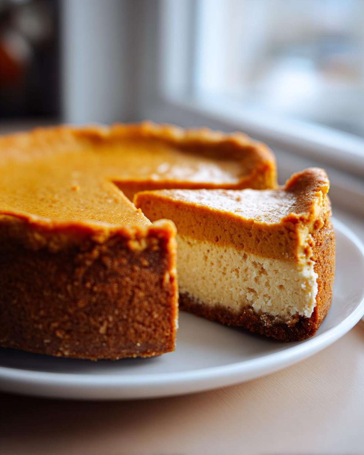 A slice of mini pumpkin cheesecake with a graham cracker crust and creamy filling.