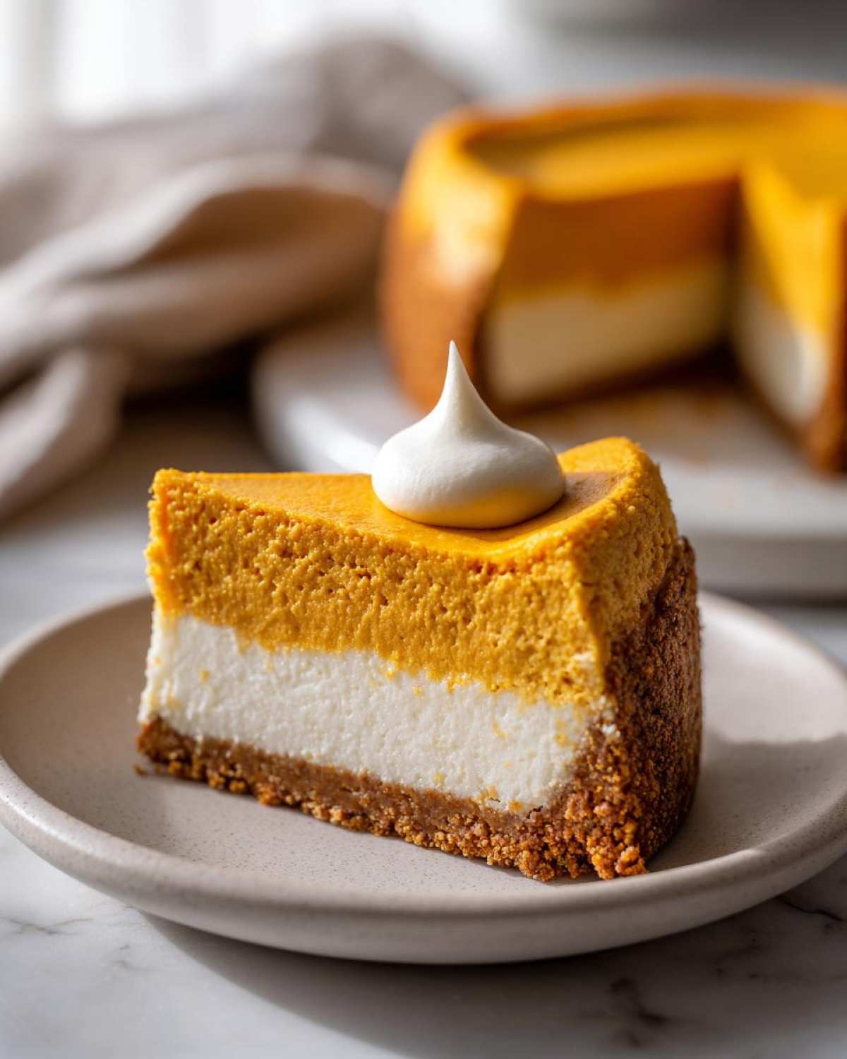 A delicious slice of mini pumpkin cheesecake with a creamy white layer and a graham cracker crust, topped with whipped cream.